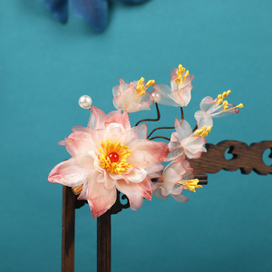 New original design, handmade gradient orange-red flower hair <b>clips</b>, affordable hot-stamped Hanfu headdress. - Product Image 2