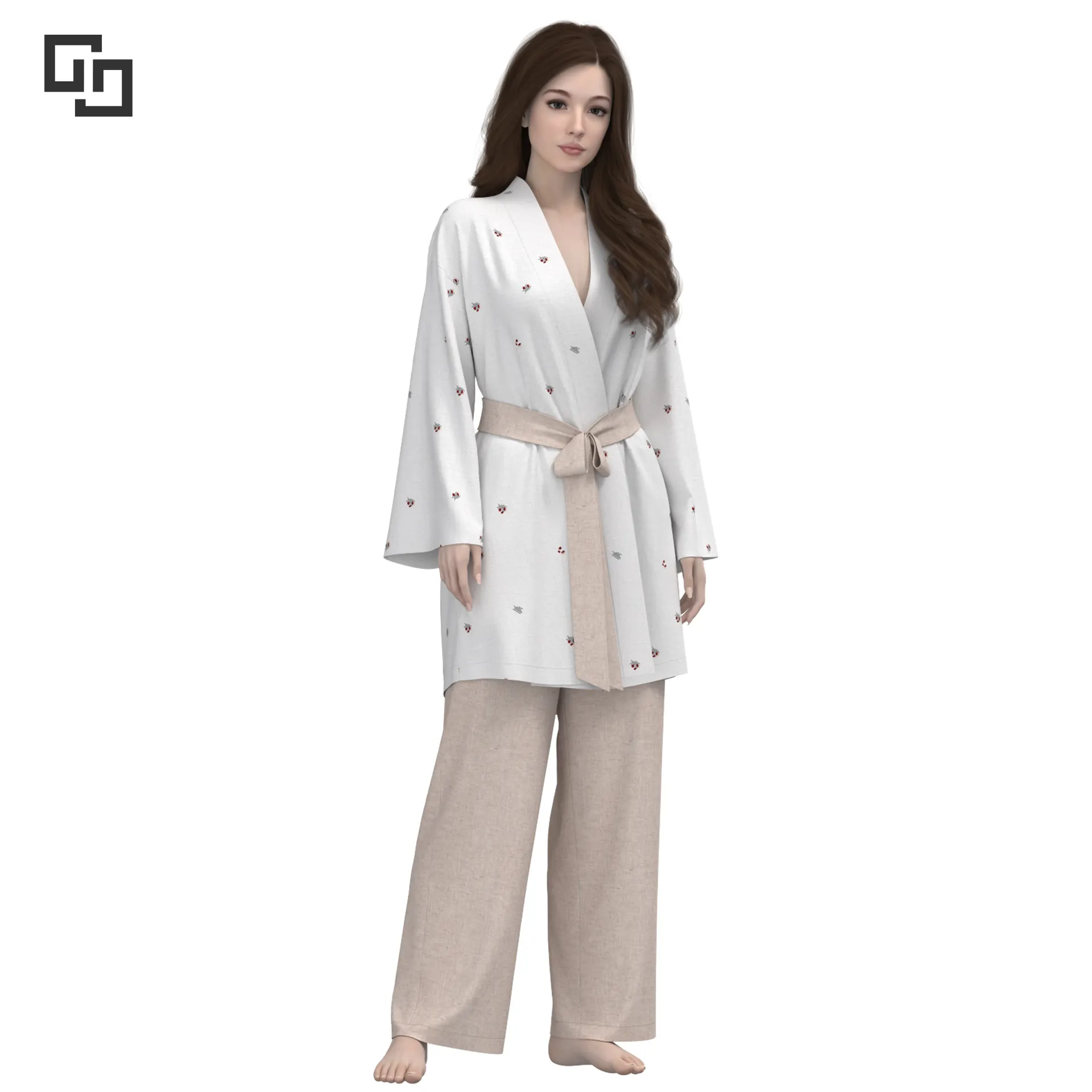 3D Design Long Sleeve Belted Robe with Pants Printed Lounge Wear Custom Women Hemp Pajamas Clothing