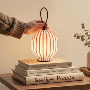 Atotalof Candy Themed <b>Lantern</b> Table <b>Lamp</b> Red Striped Portable Led Battery Operated Cordless For Festive Atmosphere - Product Image 1