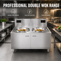 Cuisinière à induction double wok professionnelle en acier inoxydable, 2 brûleurs, avec armoire pour cuisine de restaurant