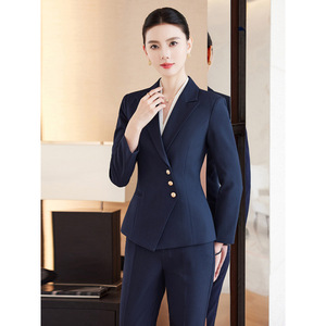 Women Professional Suit Set Fall 2025 Hotel Reception Uniform Formal Workwear for Office Commute Blue Two Piece Skirt and Pants - Product Image 2