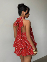 Nouvelle robe d'été style européen et américain à col halter, à pois, sexy, dos nu, sans manches, mini-jupe taille haute, coupe trapèze en polyester