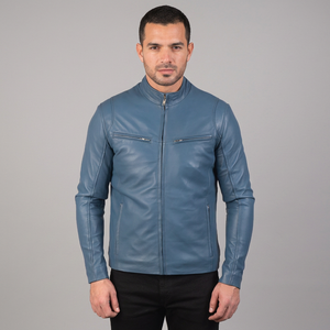 Veste en cuir véritable pour homme, style motard, style streetwear, épaules matelassées, couleur personnalisable, veste en cuir bleue - Product Image 1