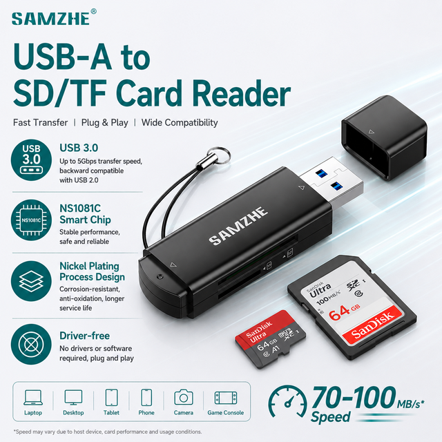 SAMZHE USB3.0 Card Reader Multi-functional SD/TF Card Reader for PC Phone Camera Driving Recorder Monitor Memory Card 100MB/s