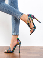 Sandales à talons aiguilles colorées à motif serpent pour femmes - Talons hauts à lanières découpées et bout ouvert avec bride arrière - Vente en gros directe usine