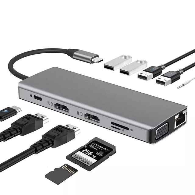 12 in 1 Docking Station Dual Monitor Type C Hub Triple Display Adapter 4K VGA Gigabit Lan Ethernet 4USB 100WPD 3.5mm USB C Dock