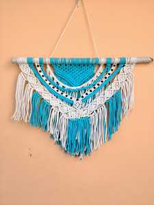 Blue <b>White</b> Macrame Wall <b>Hanging</b> Handmade Fringe Decorative Wall Art Boho Home Accent - Product Image 1