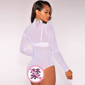 Monos Bodycon transparente para mujer, mono de peluche de color negro, transparente, con estampado de malla transparente, bodys de cuello alto - Product Image 3