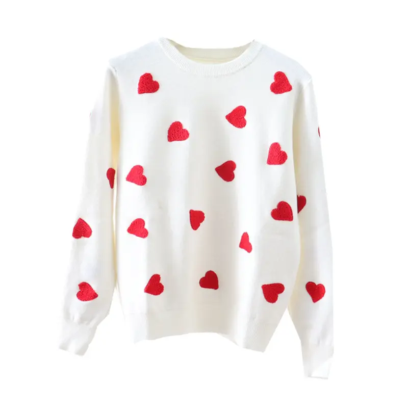 Vente en gros 2023 Automne Nouveau Corps Complet Coeur Rouge Broderie Col Rond Manches Longues Tricots Pull Femme