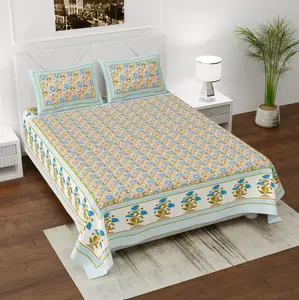 우아한 꽃 인쇄 주름 무료 코튼 더블 침대 시트 2 베개 커버 높은 클래식 마무리 수제 침대 시트