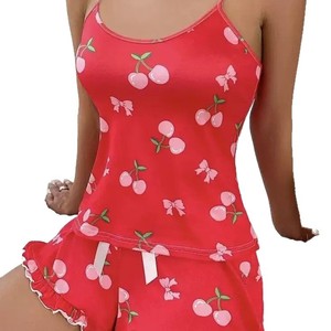 2026 European American-style Women's Sleeveless <b>Pajamas</b> Set Cherry Print Summer Home Wear <b>Suit</b> V-Neck Shorts Length - Product Image 5
