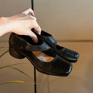 Sandalias de Tacón Cuadrado de Cuero Genuino con Cierre de Hebilla, Tacón Bajo, Elegantes para Usar en Todas las Temporadas - Product Image 1