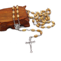 Collier de chapelet catholique en bois de la Vierge Marie, chapelet en bois d'olivier avec icône, portrait, crucifix, pendentif en forme de croix