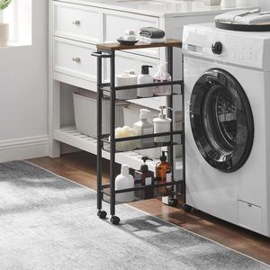 Carrito de Cocina Rodante de 4 Niveles, Estante de Almacenamiento Metálico con Superficie de Madera, Organizador con Ruedas para Espacios Estrechos - Product Image 2