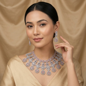 ชุดเครื่องประดับเจ้าสาวสุดหรู ทองเหลืองชุบโรเดียม ประดับเพทายสีชมพูทรงหยดน้ำ สไตล์อินเดีย เหมาะสำหรับงานแต่งงาน ของขวัญงานเลี้ยง  สามารถสั่งทำขนาดได้ - Product Image 2