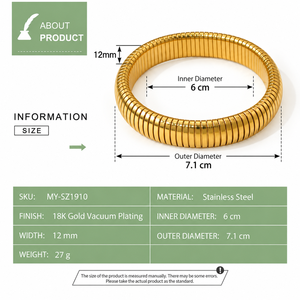 กำไลข้อมือแบบมีร่อง, สแตนเลสสตีลเคลือบทอง 18K ด้วยวิธีการเคลือบสูญญากาศ, ดีไซน์แบบท่อที่ยืดหยุ่นได้, มีให้เลือก 5 ขนาดความกว้าง - Product Image 3