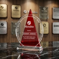 Trophée personnalisé en cristal avec icône, plaque ronde transparente à dos triangulaire rouge et bleu, récompense pour employé pour une longue durée de service, logo gravé au laser