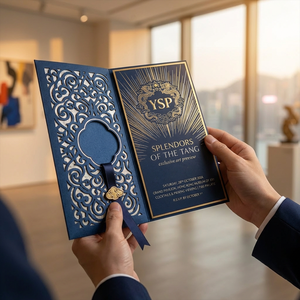 Carte d'invitation personnalisée découpée au laser avec enveloppe à rabat dorée pour exposition d'art muséale et gala VIP - Product Image 2