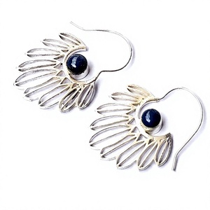 Última Moda Bohemia: Pendientes de Aro de Latón Plateado con Diseño de Hoja de Lapislázuli y Engaste de Bisel para Mujer, Ideales para Aniversario - Product Image 3