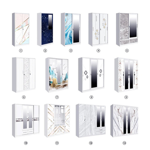 Armoire moderne en acier imprimé à 4 portes et 2 tiroirs avec miroir et tringle de suspension pour rangement de chambre - Product Image 3