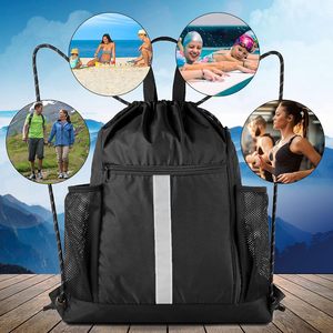 <b>Drawstring</b> <b>Backpacks</b> 20x16 Large Gym Sack Reflective Strip Inside Front Zipper Dual Mesh Side Pockets Beach Swim Hiking 4 Colors - Product Image 4