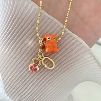 TK-B644 Collier avec pendentif ours orange en émail mignon, chaîne à perles dorées, pendentifs poupée garçon, cadenas d'amour, baseball, sirène, bijoux pour femmes et filles