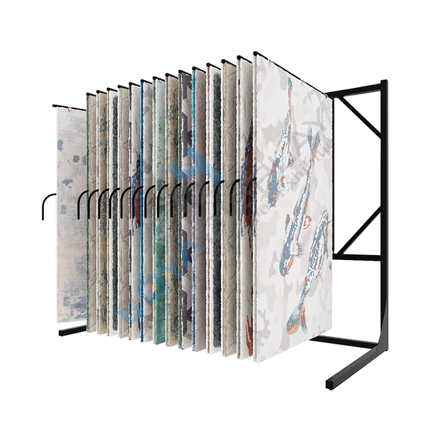 Free Standing Metal Carpet Display Rack with Page-Turning System for Large Area Rugs and Carpets in Retail Stores