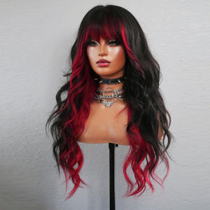 Peluca de Cabello Humano 100% Natural con Raíz Rosa y Reflejos, Negra, con Flequillo, Ondas Suaves, Densidad 180-200, Encaje Frontal 13x4 13x6 - Product Image 3