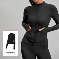 Veste de sport pour femme à fermeture éclair intégrale, col montant, passe-pouces, poches latérales, en polyester et élasthanne, coupe ajustée et courte, pour le yoga, la gym, la course et l'entraînement