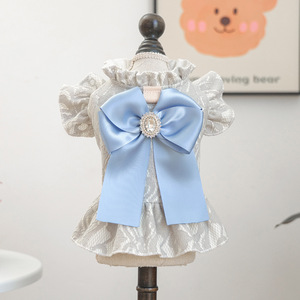 Wholesale Cotton <b>Light</b> Blue Lace <b>Dog</b> Dress-Summer Spring Satin Bow & Ruffled Hem for Elegant Formal Princess Style - Product Image 4