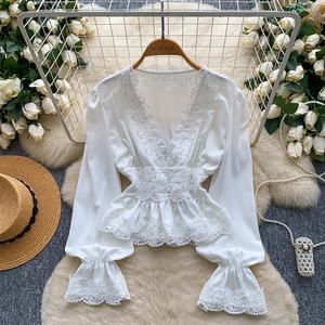 Camicie <span class=keywords><strong>Vintage</strong></span> autunnali a maniche lunghe con scollo a V camicie con paillettes solide da donna con <span class=keywords><strong>top</strong></span> retrò vestiti donna all'ingrosso - Product Image 1