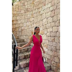 Robe de soirée longue en tulle fuchsia avec détails roses, décoration scintillante, design à étages, taille empire, longue, tailles XL 4XL pour les fêtes - Product Image 1