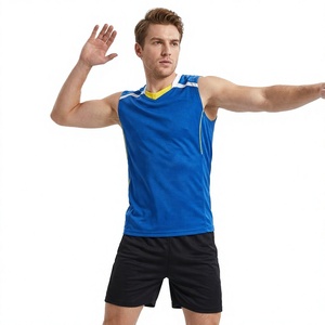 เสื้อวอลเลย์บอลชายสีน้ำเงินแบบไม่มีแขนพร้อมกางเกงขาสั้นสีดำ ผ้าโพลีเอสเตอร์ซับเหงื่อ คอวี ลายพิมพ์แบบซับลิเมชั่น ชุดกีฬา - Product Image 1