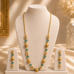 Ensemble collier et boucles d'oreilles classiques en or 24 carats et jade avec perles d'eau douce, parures de mariage pour femmes, motif floral - Product Image 1