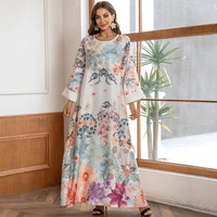 Gaun Maxi Islami Longgar Berhias Manik-Manik Rhinestone dan Motif Bunga, Model Abaya Muslim Mewah untuk Pesta dan Liburan