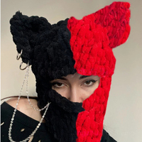 Masque facial avec grandes oreilles d'ours et d'lapin, couvre-tête, tricoté à la main en coton/élasthanne, épaissi, chaud, en peluche, bonnet d'hiver doux et cool