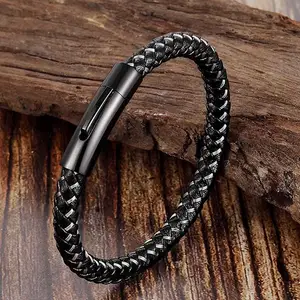 À la mode Tressé À La Main En Acier Inoxydable 316L Fil Bracelet En Cuir Véritable À La Mode Bracelet Pour Hommes En Gros Logo Personnalisé