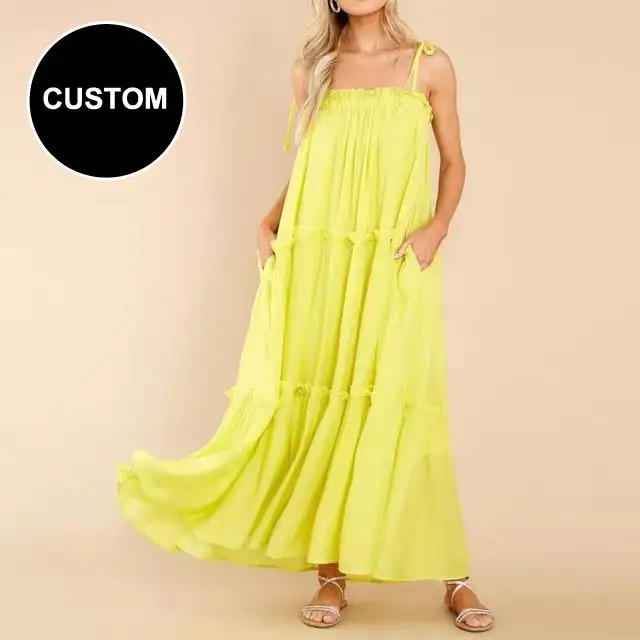 Mouwloze Betoverende Uitzonderlijk Ruches Slanke Maxi Chiffon Maxi Jurk Vestidos Vrouwen Zomer Elegante Gele Casual Jurken