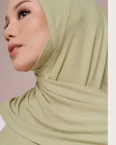 2021 New arrival chin cover tudung people semi instant bawal shawl square lite cotton ribbed hijab