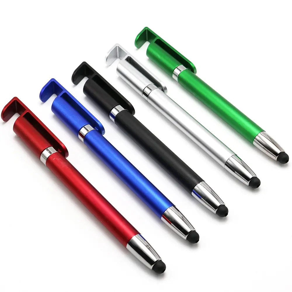 Multi-funcional plástico touch screen caneta esferográfica stylus com suporte de telefone celular móvel suporte logotipo personalizado txt solgan
