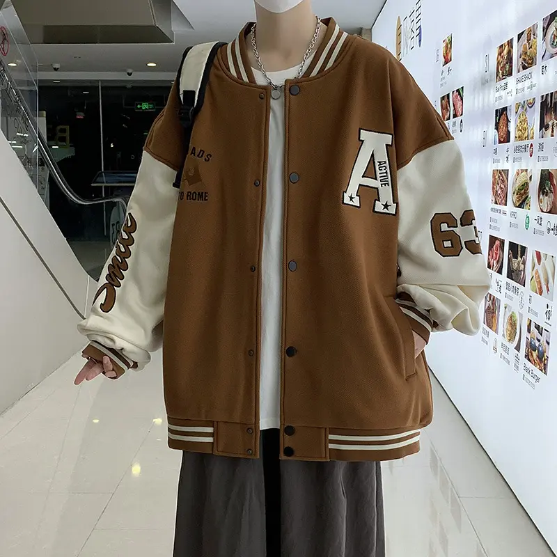 Oem hip hop giacca da baseball da uomo utility patch a righe patchwork gilet Bomber con cappuccio con coulisse shacket giacca sportiva da camicia