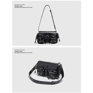 High Quality Fashion <b>Black</b> Motorcycle Crossbody Shoulder <b>Bag</b> Women Single <b>Strap</b> Zippered Multi-Flap Pockets Waterproof PU - Product Image 3