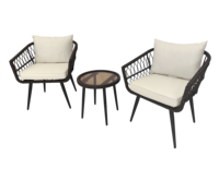 Ensemble bistrot d'extérieur 3 pièces en rotin PE, 2 fauteuils en osier et table d'appoint ronde en verre avec coussins, mobilier de patio et balcon en gros