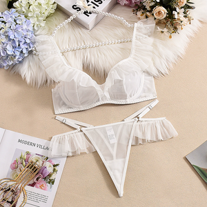 Wholesale Russsia Style New Trend Sexy Bra With Ruffled Handmade Pearl Chain Mesh <b>Sheer</b> Lingerie 2-Piece Set for Women - Product Image 6