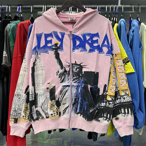 <span class=keywords><strong>Sweat</strong></span>-shirt ample en coton platine à fermeture éclair, style américain, imprimé <span class=keywords><strong>vintage</strong></span>, tendance streetwear, décontracté, avec fourrure de lapin, pour le commerce extérieur - Product Image 1