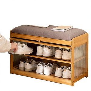 Banc de rangement à chaussures moderne en bambou transparent à 2 niveaux avec coussin pour salon, entrée, chambre et couloir - Product Image 3