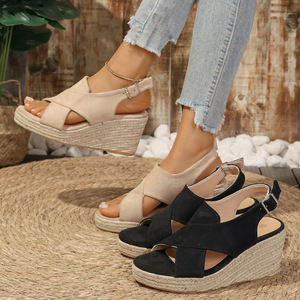 Women Summer European and American Style Hemp Rope Bottom Cross Strap Wedge Sandals Thick Sole Platform Hollow Roman Sandals - Product Image 4