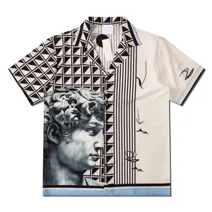 2024 지속 된 디지털 인쇄 남자의 칼라 T 셔츠 레이온 비스코스 높은 패션 품질 빈티지 짧은 소매 인쇄 셔츠 남성용