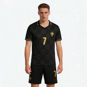 חולצת כדורגל שחורה-זהובה של נבחרת פורטוגל למבוגרים, סיטונאי, 100% פוליאסטר, סט מדים לכדורגל - Product Image 2