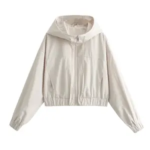 Women Summer New Fashion hooded Short Jacket Jacket Retro long sleeve zipper chic coat for women